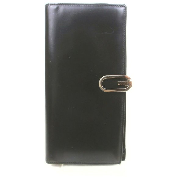#05 💯Authentic Gucci Long Wallet Black Leather - Picture 1 of 8